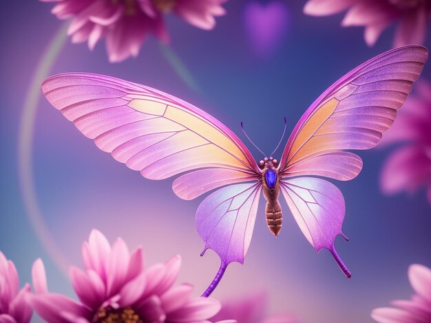 Butterfly on a purple background with pink flowers