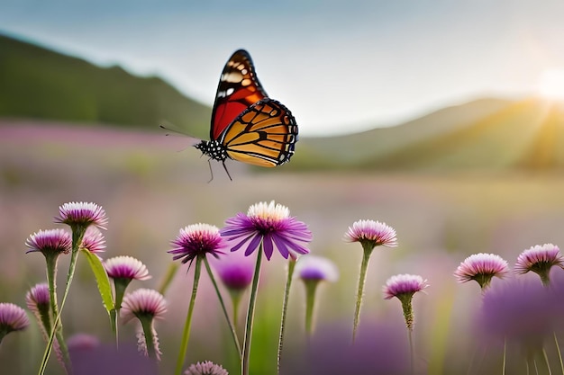 A butterfly on a purple flower in the sun