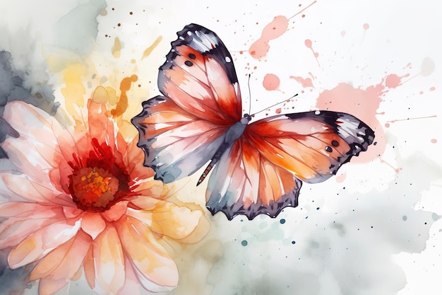 A butterfly resting on a flower petal watercolor painting beautiful natural forms crisp clean shapes colorful white background generate ai