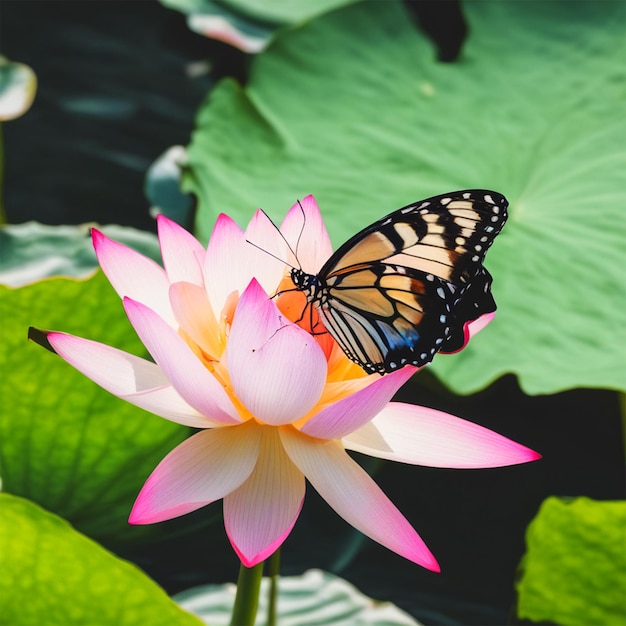 蓮の花で休む蝶