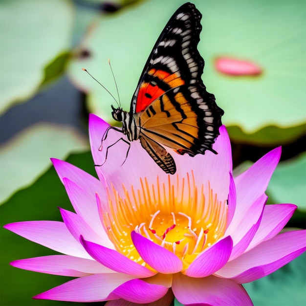 Бабочка отдыхает на цветке лотоса