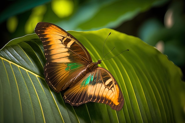 Бабочка отдыхает на листе на фоне растительности