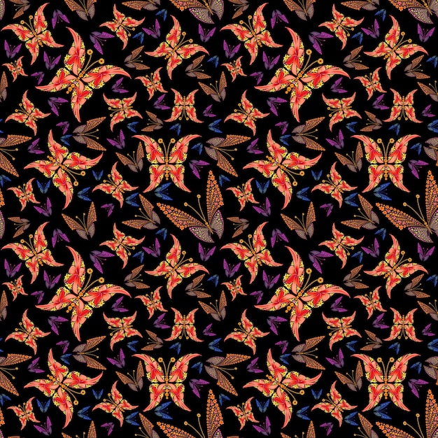 Butterfly seamless colorful abstract pattern made by flowers