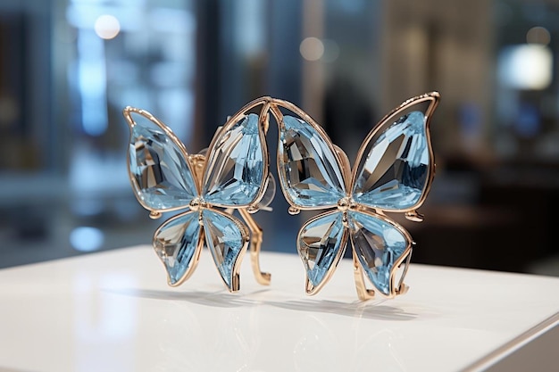 Butterfly shaped earrings displayed in a jewelry stor