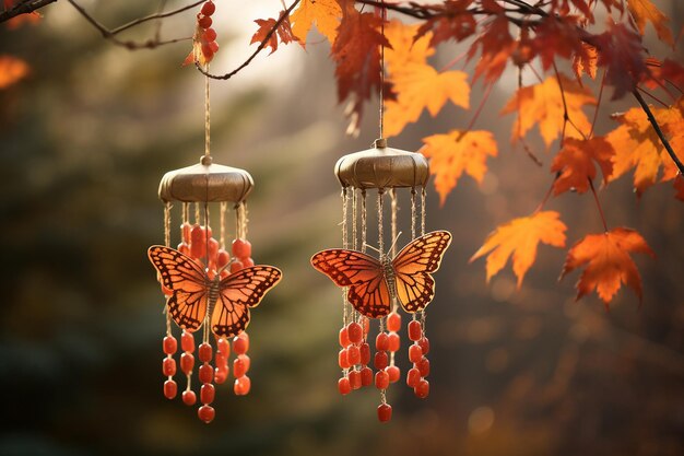 Photo butterfly shaped wind chimes tinkling in the breeze