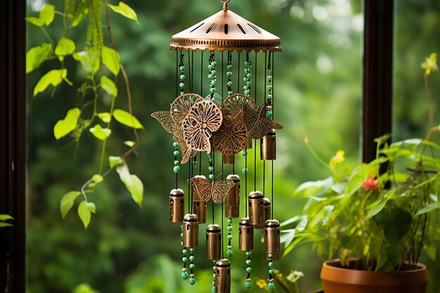 Photo butterfly shaped wind chimes tinkling in the breeze