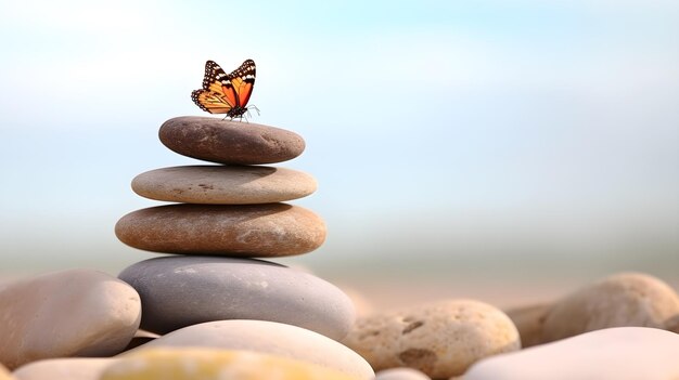 A butterfly sits atop a stack of stones.