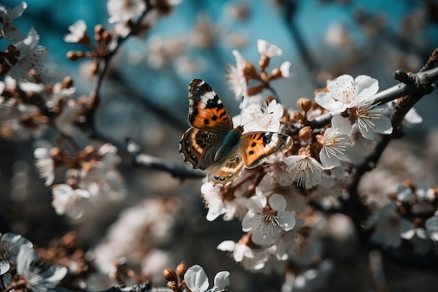 A butterfly sits on a branch of cherry blossoms.