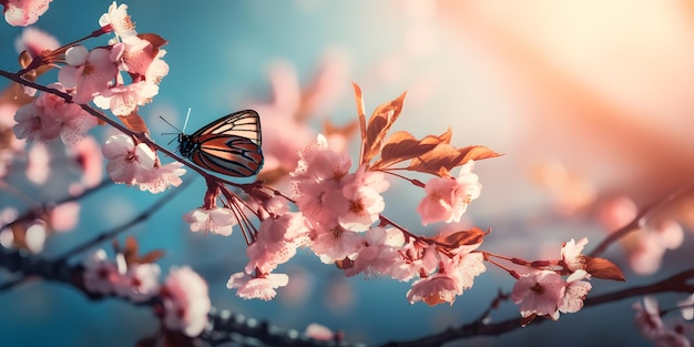 A butterfly sits on a branch of cherry blossoms.