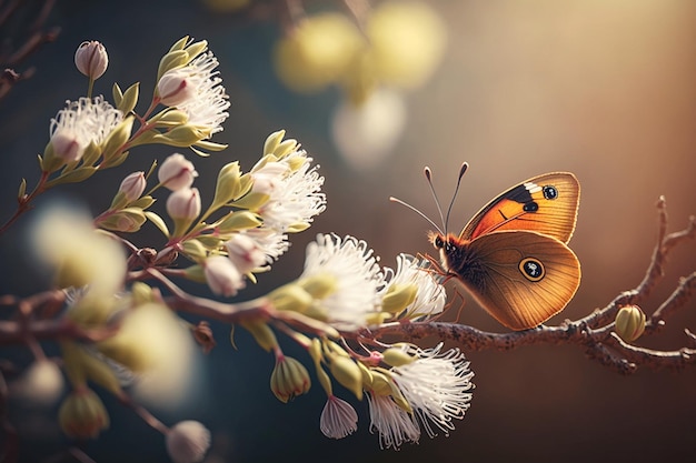 A butterfly sits on a branch of a tree with flowers in the background.