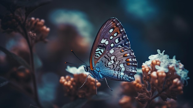 A butterfly sits on a branch with flowers in the backgroundgenerative ai