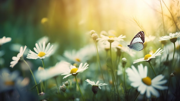 A butterfly sits on a field of daisies.