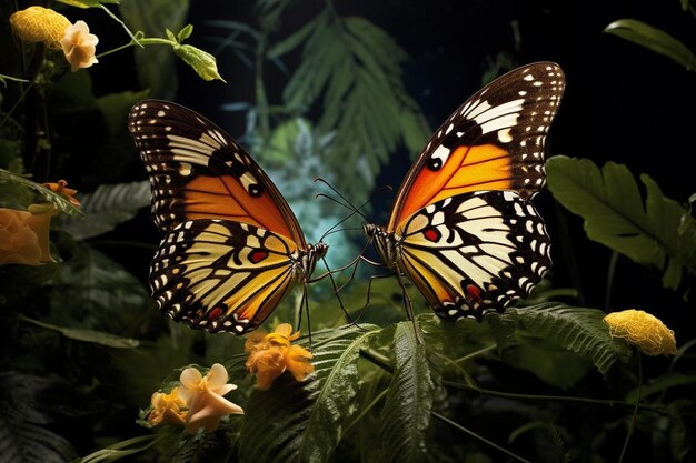 a butterfly sits on a flower in the dark