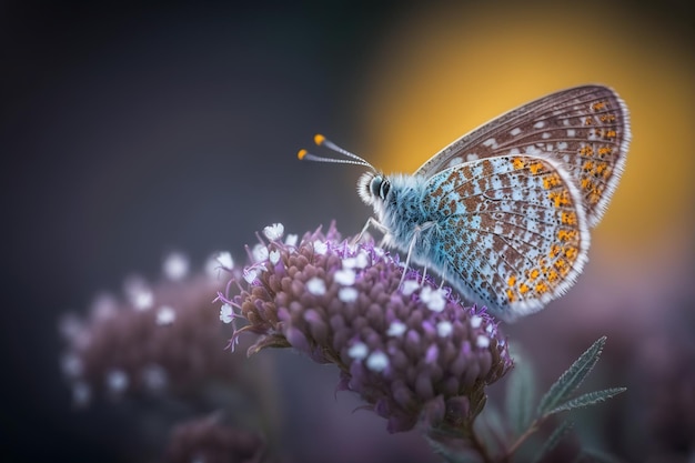 A butterfly sits on a flower in the dark.
