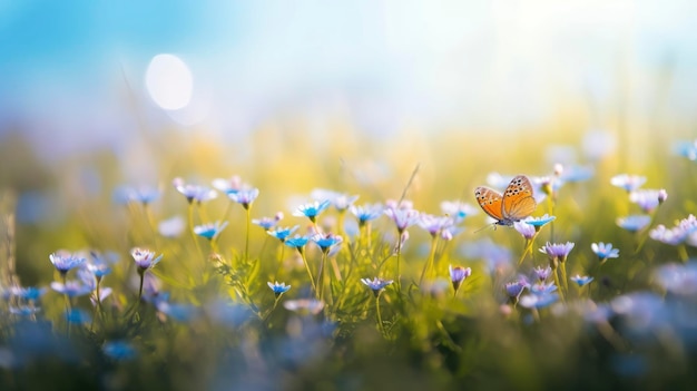 A butterfly sits on a flower field with a blue sky in the background.