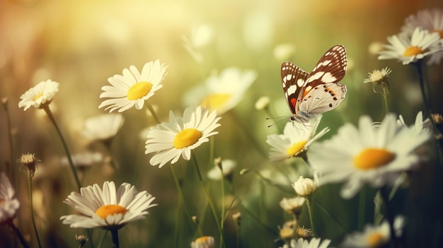 A butterfly sits on a flower field with a sun shining on it.