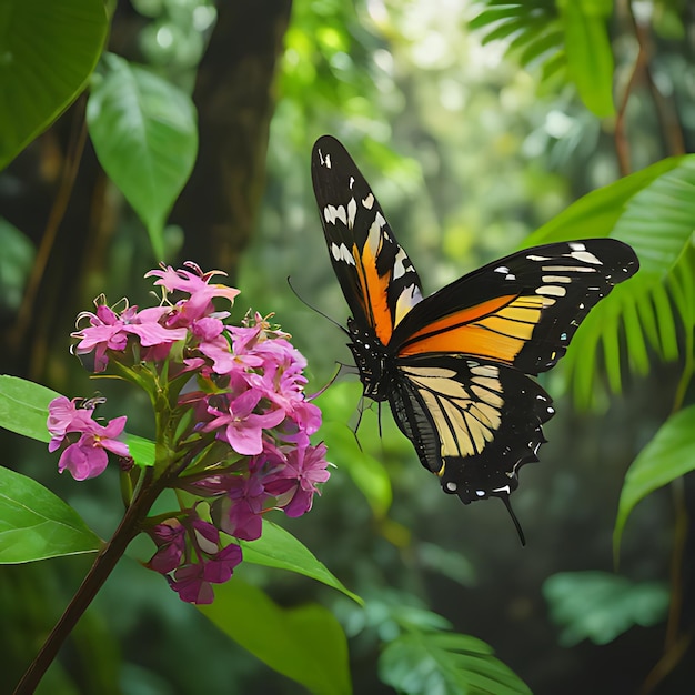 a butterfly sits on a flower in the forest