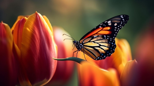 A butterfly sits on a flower in front of a red tulip.