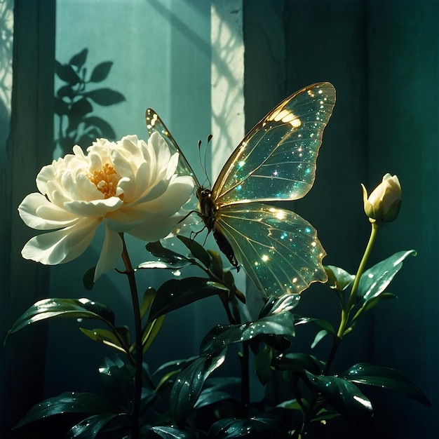 a butterfly sits on a flower in front of a window