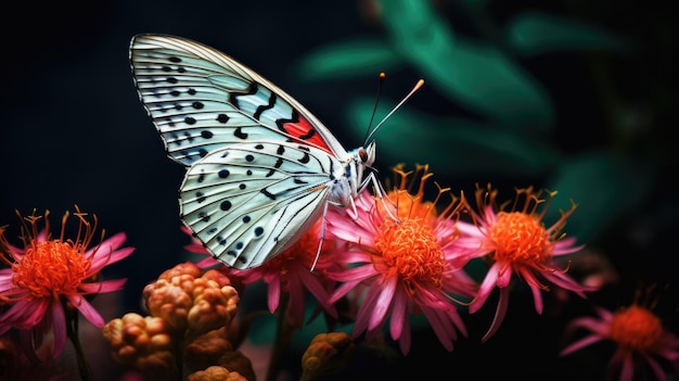 a butterfly sits on a flower in the garden.