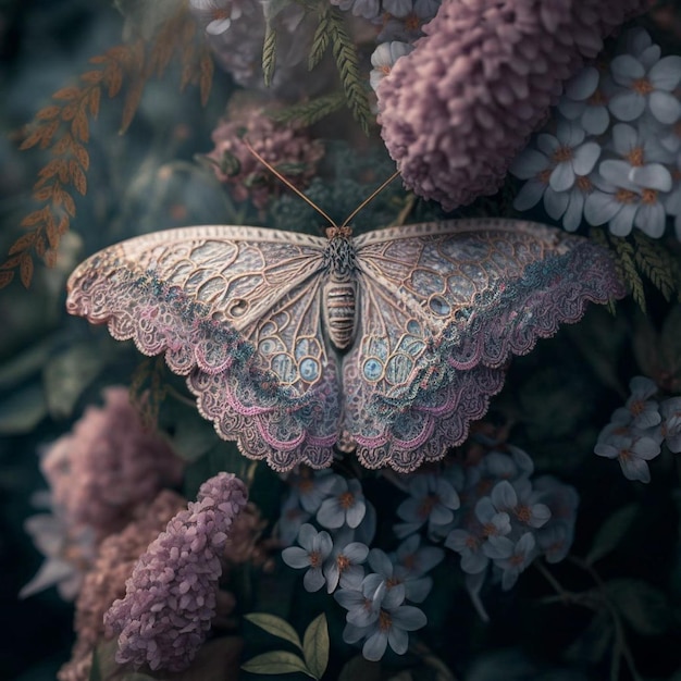 A butterfly sits on a flower in a garden.