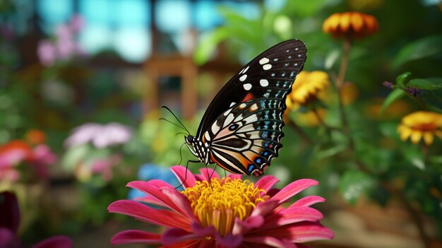 蝶が庭の花にとまっています。