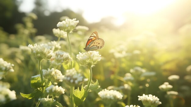 太陽の下で蝶が花にとまる