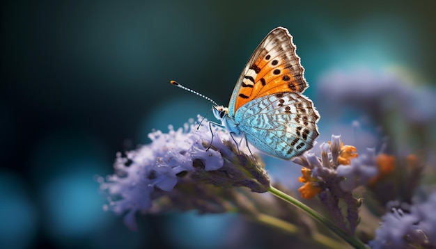 A butterfly sits on a flower with a blue background.