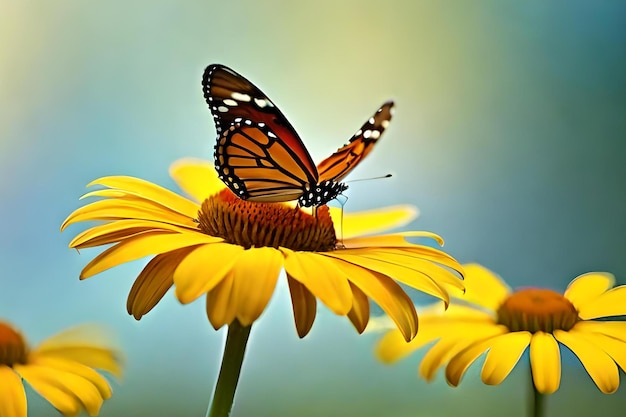 A butterfly sits on a flower with a blue background.