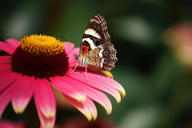 A butterfly sits on a flower with a green background.