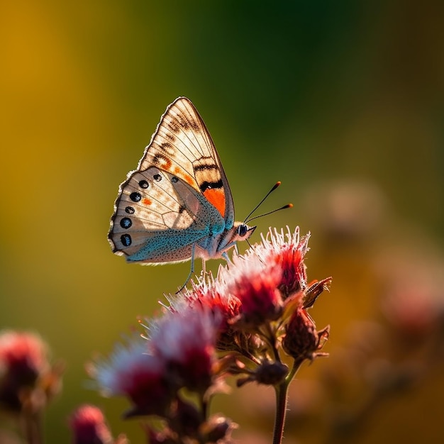 A butterfly sits on a flower with a green background.