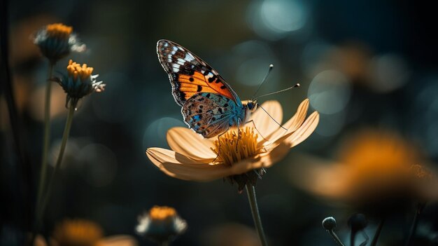 A butterfly sits on a flower with the sun shining on it.