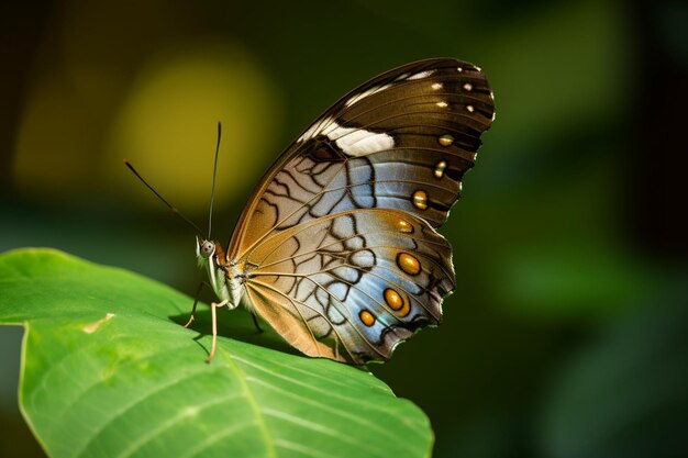 A butterfly sits on a green leaf.