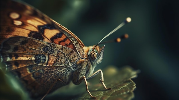 A butterfly sits on a leaf in a dark room.