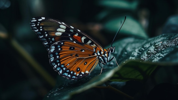 A butterfly sits on a leaf in the dark