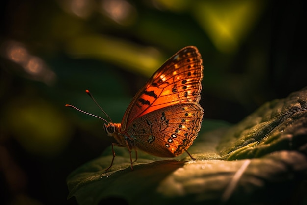 A butterfly sits on a leaf in the forest.