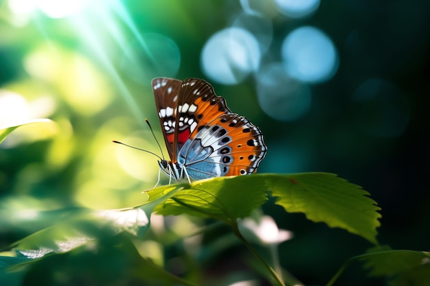 나비 한 마리가 햇빛 아래 잎사귀에 앉아 있다