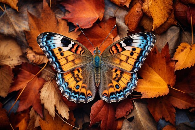 Photo a butterfly sits on a leaf with autumn leaves.