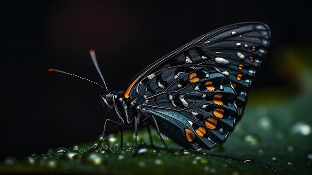 A butterfly sits on a leaf with the word butterfly on it.