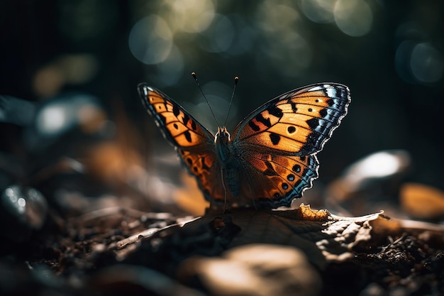 A butterfly sits on a log in the woods.