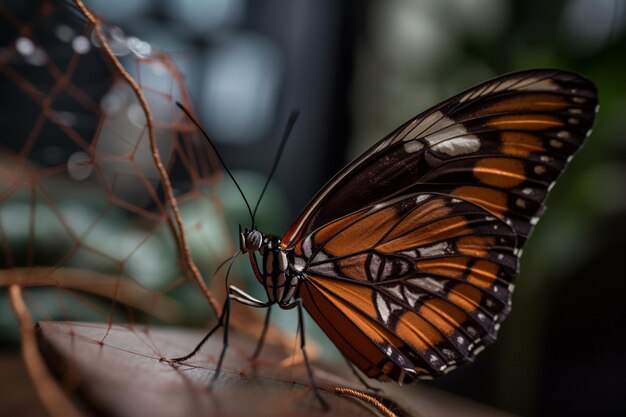 A butterfly sits on a piece of wire with the word butterfly on it.