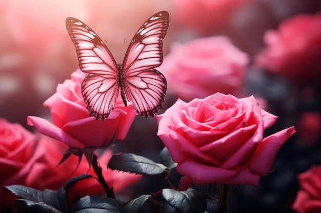 A butterfly sits on a pink rose bush