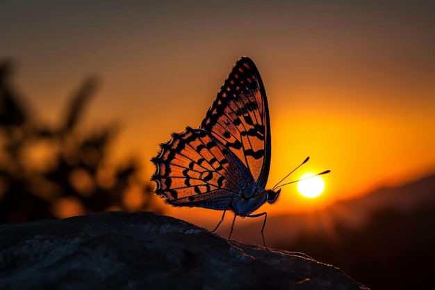 A butterfly sits on a rock in front of a sunset.