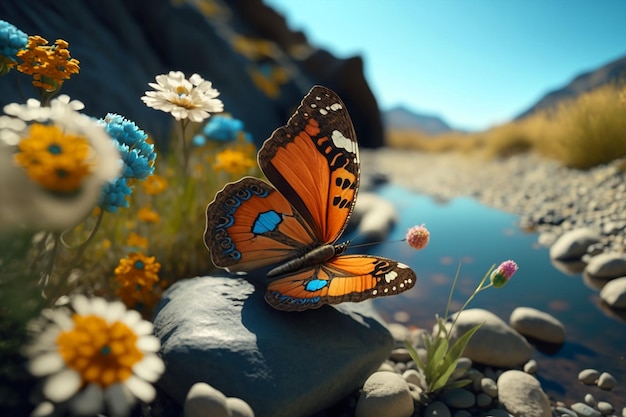 A butterfly sits on a rock in a stream with flowers in the background.