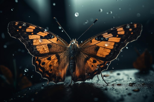 A butterfly sits on a wet surface with rain drops on it.