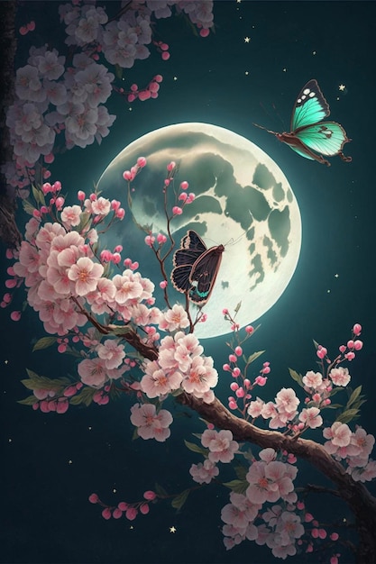 Butterfly sitting on a branch in front of a full moon generative ai