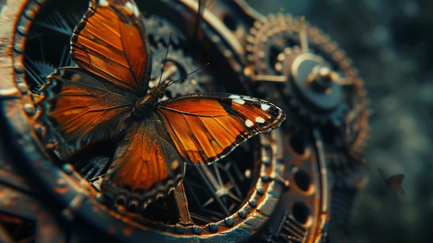 a butterfly sitting on a clock with gears generative ai