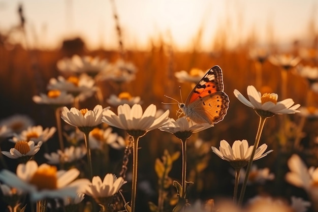 A butterfly sitting on a flower in a field Generative AI