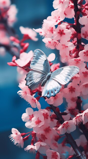A butterfly sitting on pink blossoms