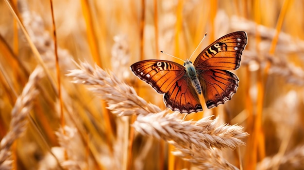 Butterfly on a spike let of wheat in the field